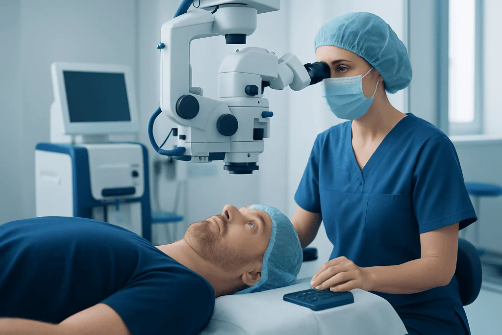 Ophthalmologist performing eye examination with microscope in clinic.