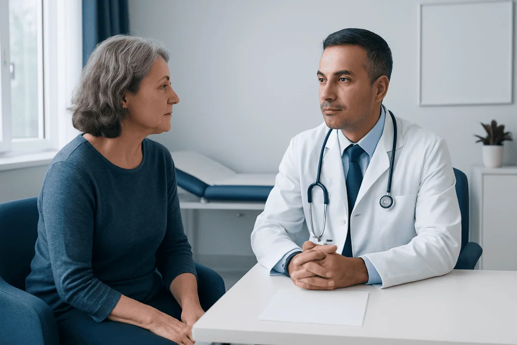 Doctor consulting with a female patient in a medical office.