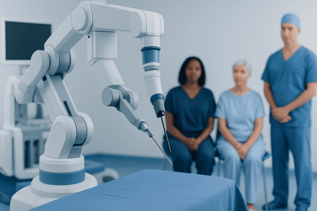 Robotic surgical arm preparing for endometrial cancer procedure at Acibadem Hospital.