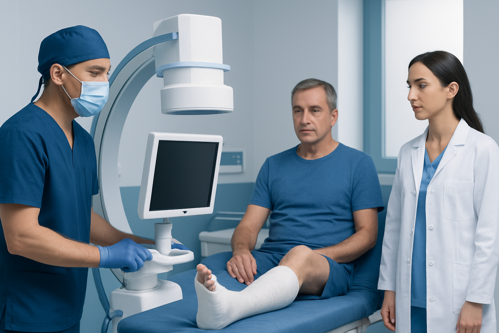 Medical team performs diagnostic imaging on a patient with a leg injury.