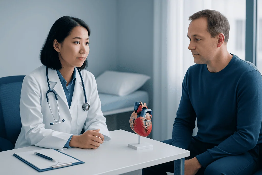 Doctor explaining heart model to patient in a consultation room.