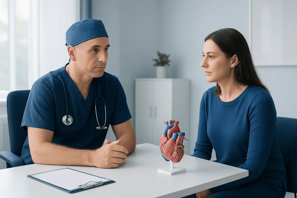 Cardiothoracic surgeon consulting with a female patient about heart health.