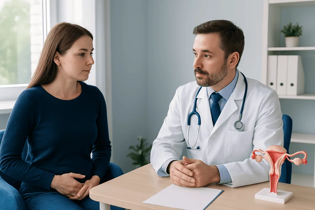 Gynecologist discussing endometriosis with patient in clinic.