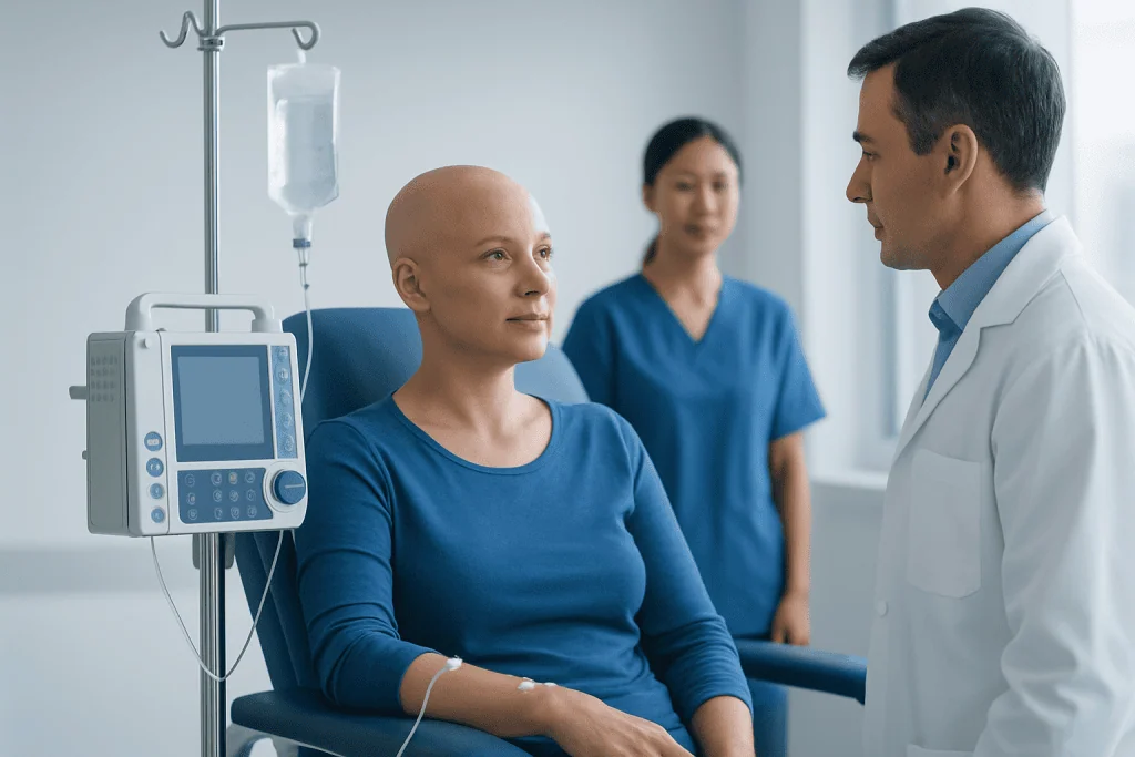 Patient receiving systemic cancer therapy in hospital setting.
