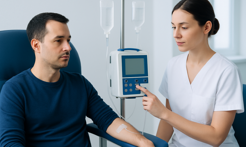 Patient receiving chemotherapy treatment at Acibadem Hospital.