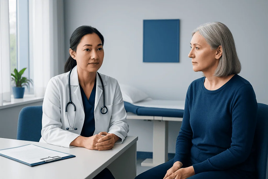 Doctor consulting with an elderly female patient in a medical office.