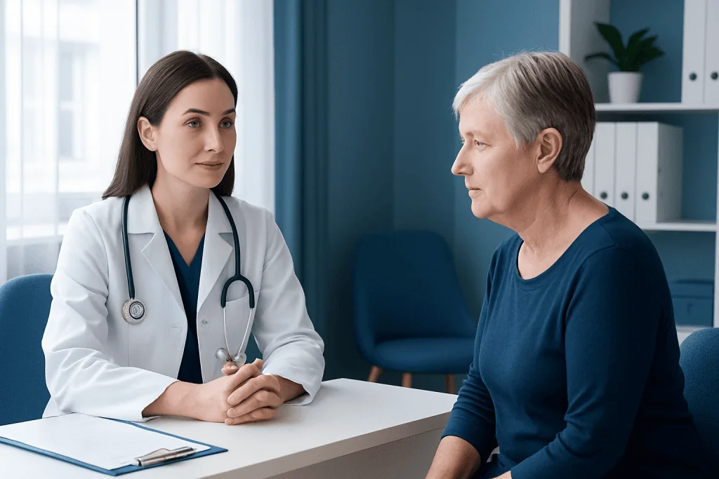 Doctor consulting with an elderly female patient in a medical office.