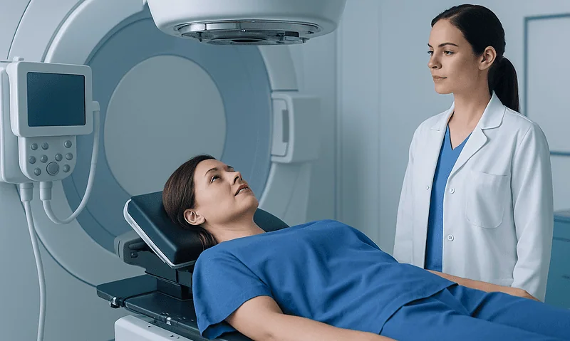 Medical professional preparing patient for targeted breast cancer therapy treatment.