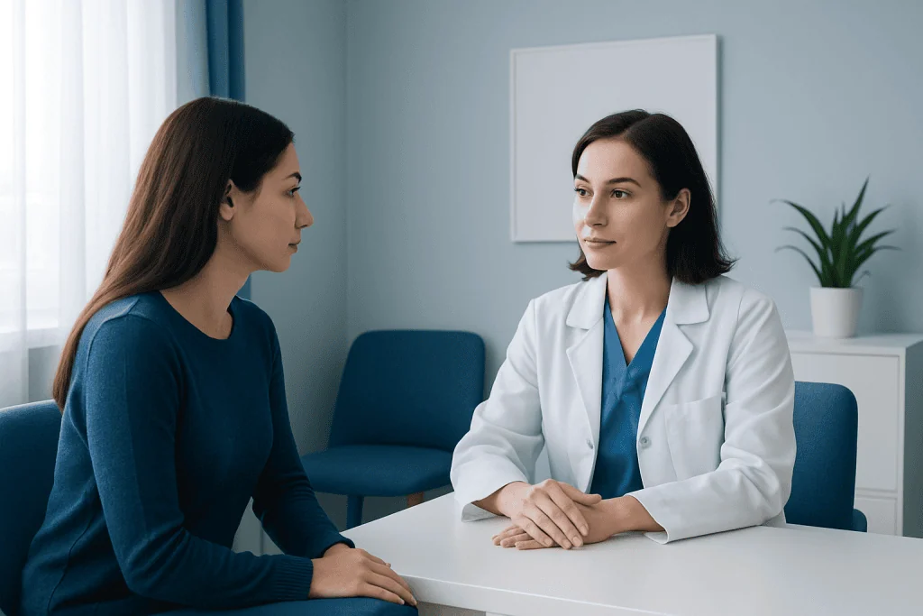 Doctor consulting with a patient in a modern medical office.