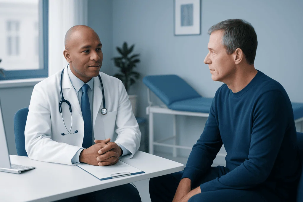 Doctor consulting with male patient in a medical office.