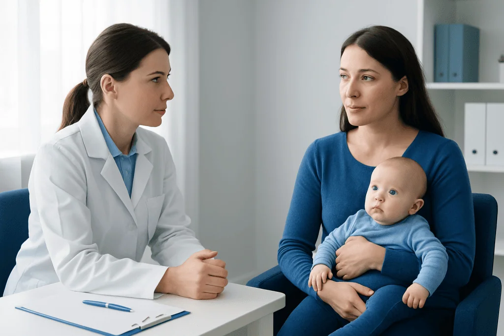 Pediatric ophthalmologist consulting with mother and baby in clinic.