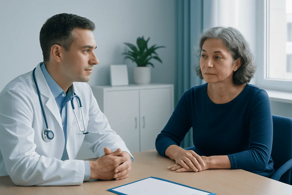 Doctor consulting with a female patient in a medical office.