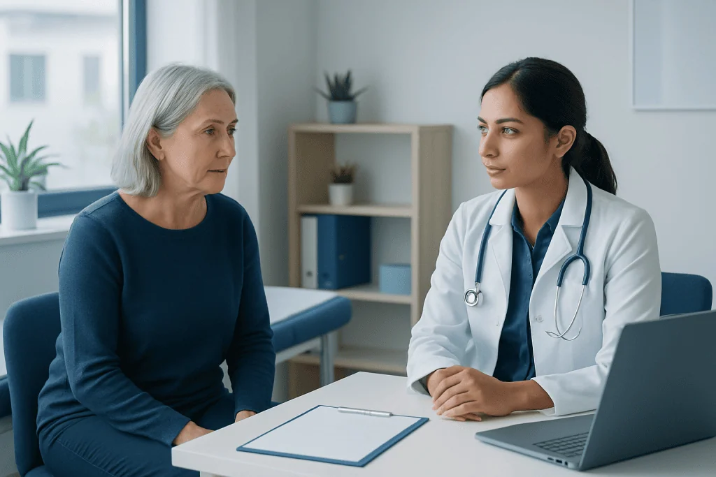 Doctor consulting with an elderly woman in a medical office.