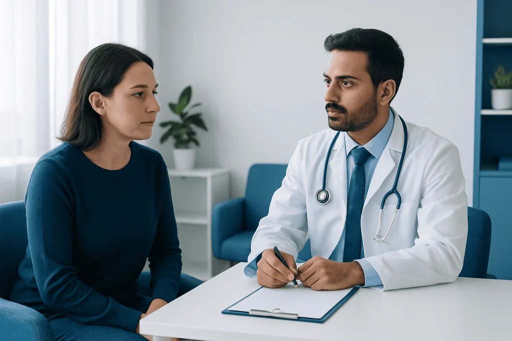 Doctor consulting with a female patient in a medical office setting.