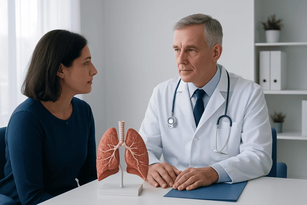 Thoracic surgery consultation with a doctor and patient in a medical office.