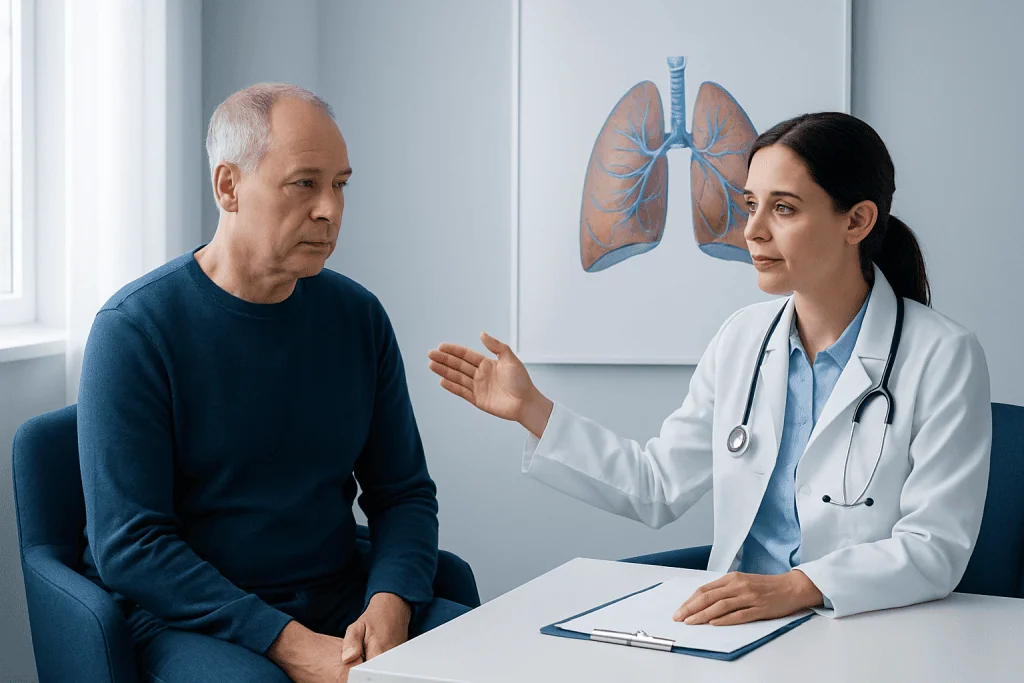 Doctor explaining lung health to patient in a medical consultation room.