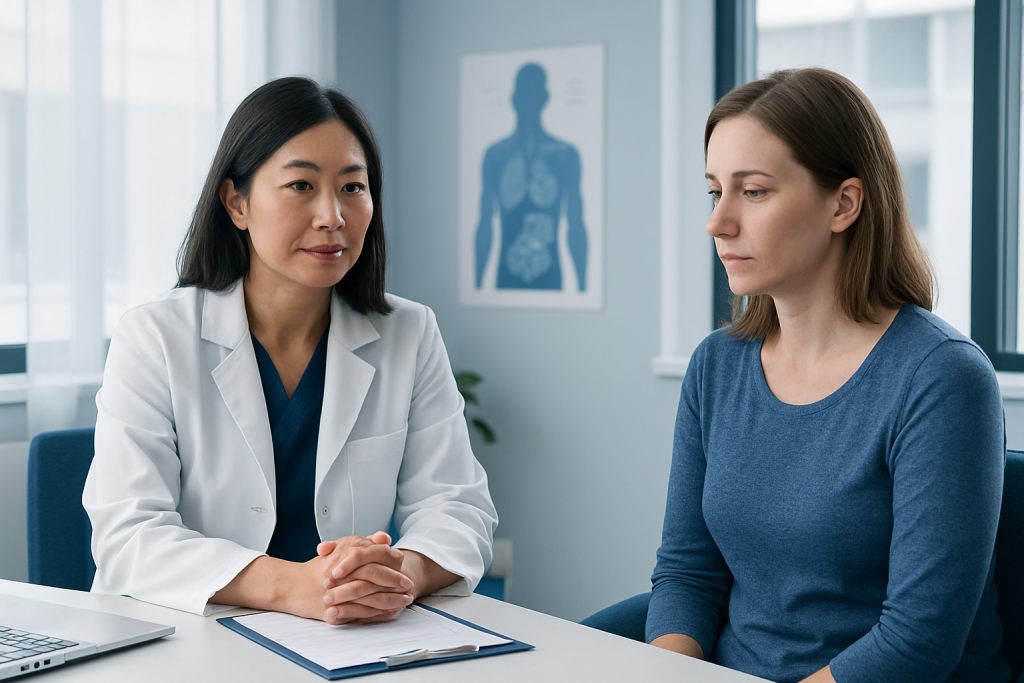 Doctor consulting with patient in a medical office setting.