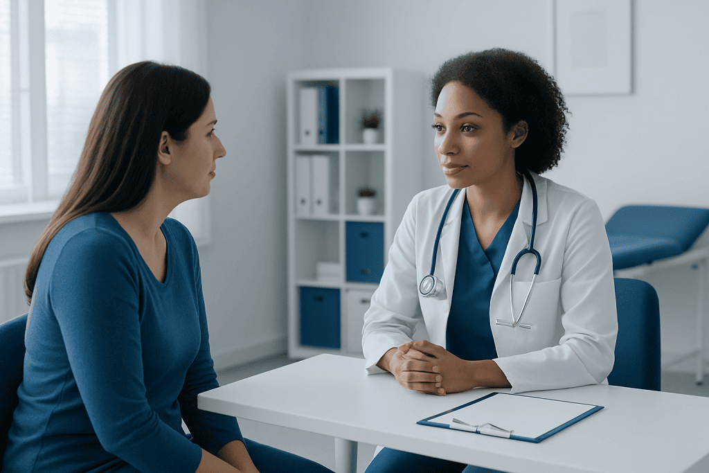 Doctor consulting with a patient in a modern medical office.