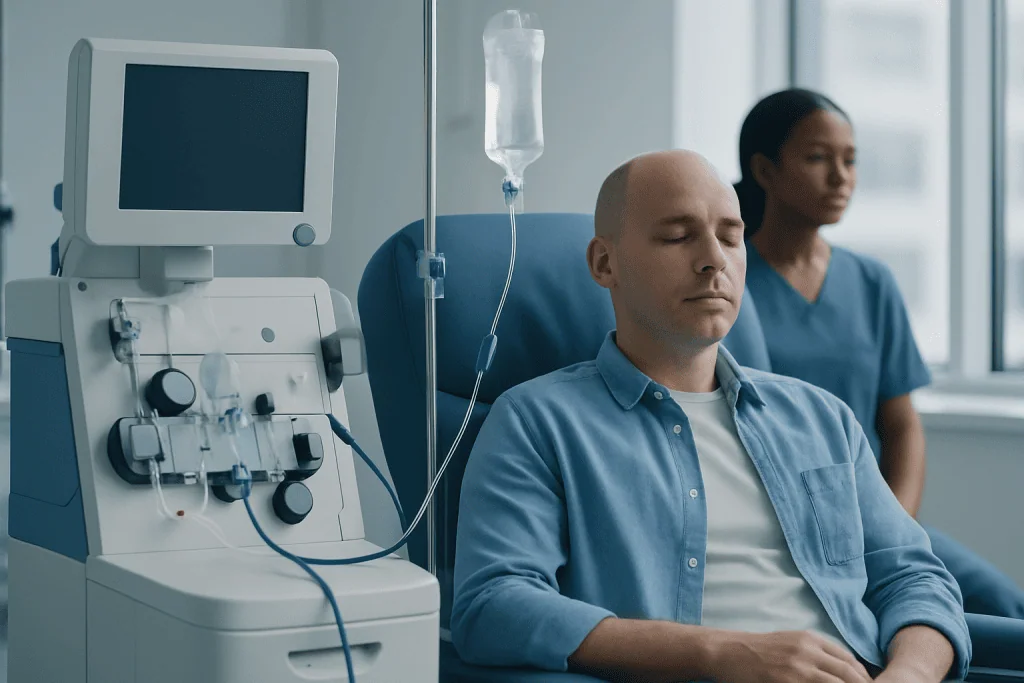 Patient receiving medical treatment in a hospital setting with medical equipment nearby.