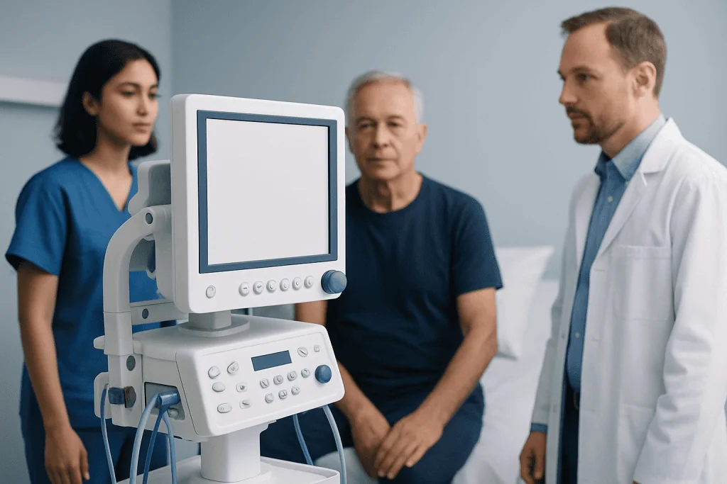 Medical team discussing patient care with ultrasound monitor in hospital.