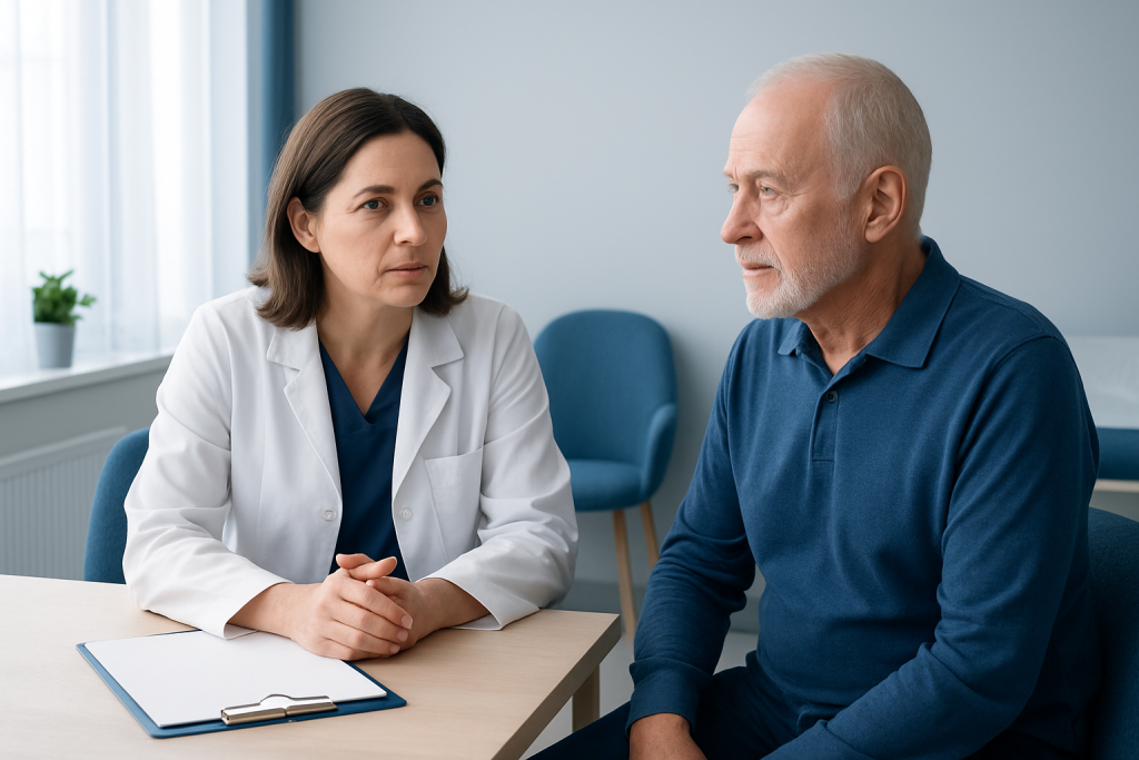 Doctor consulting with an elderly male patient in a medical office.
