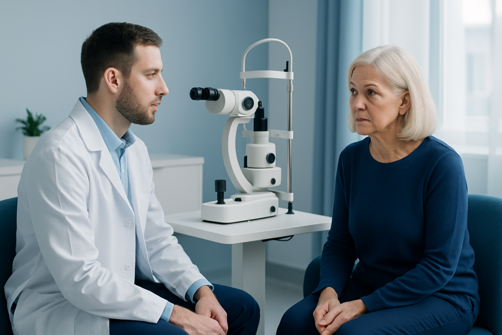 Ophthalmologist consulting with elderly patient in clinic.