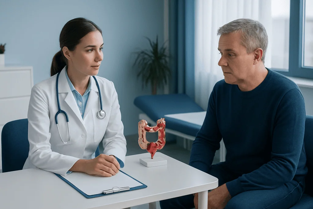 Doctor explaining colorectal health to patient in clinic setting.