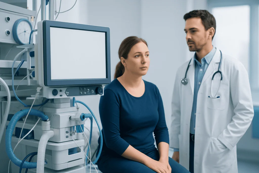 Doctor consulting a patient in a hospital room with medical equipment.