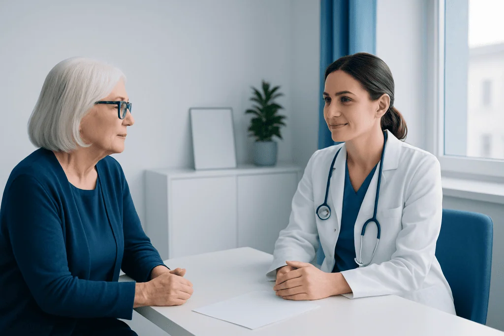 Doctor consulting with elderly patient in a modern clinic setting.