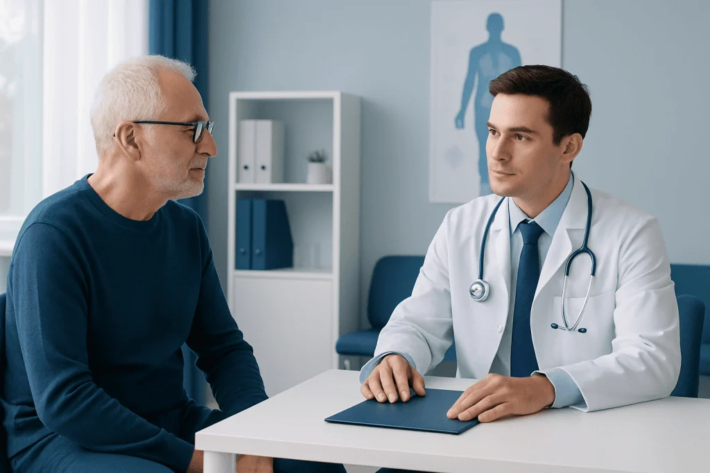 Doctor consulting with an elderly patient in a medical office.