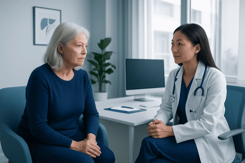 Doctor consulting with an elderly female patient in a modern clinic.