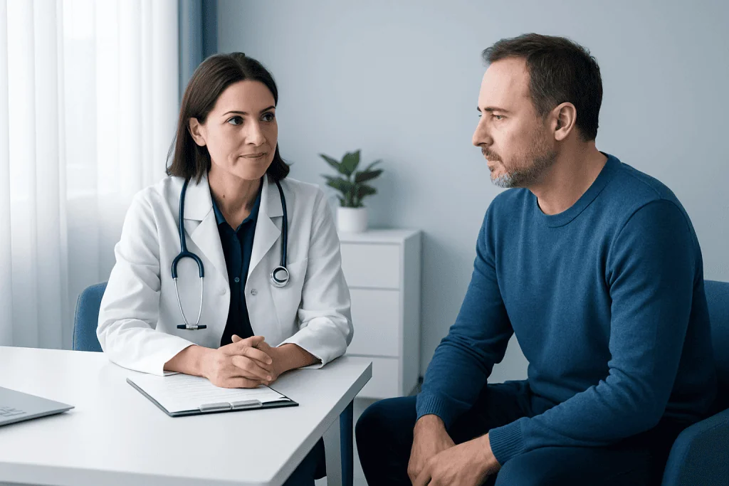 Doctor consulting male patient in a medical office setting.