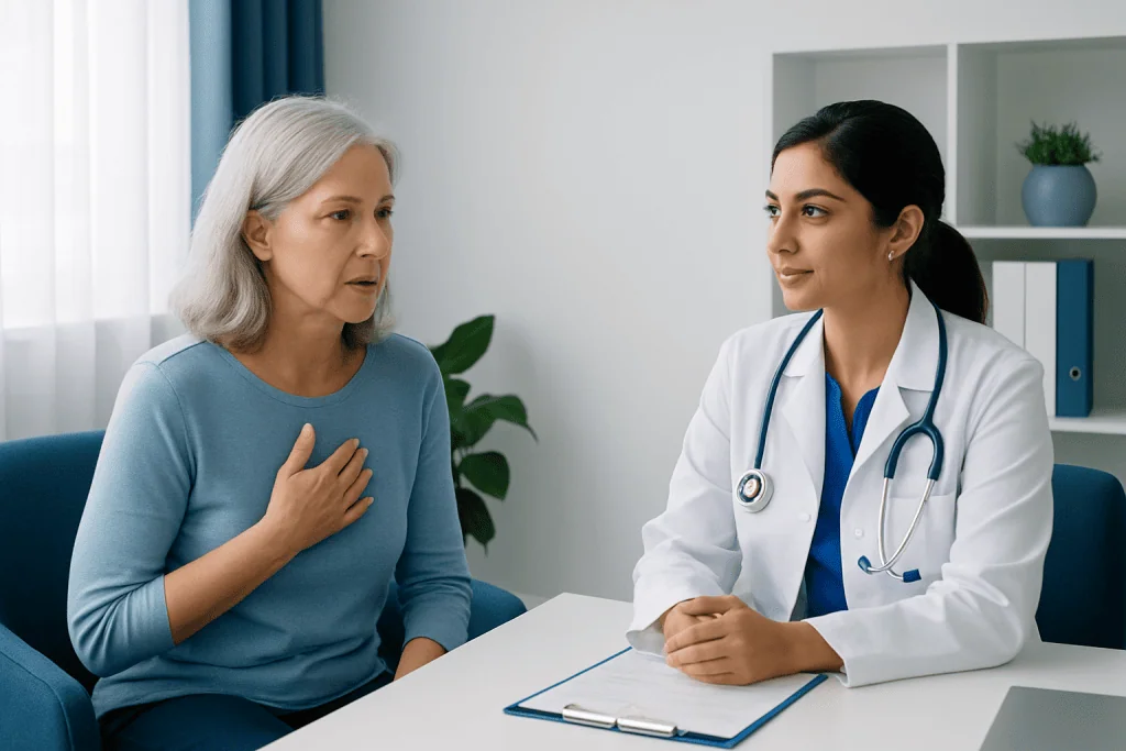 Doctor consulting with an older woman in a medical office setting.