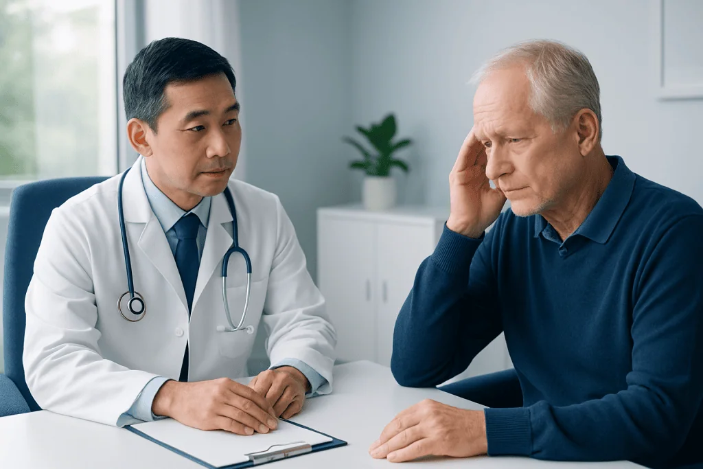 Doctor consulting with an elderly patient in a medical office.