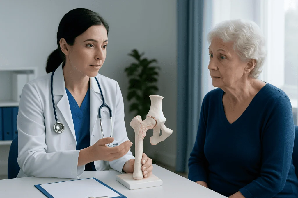 Doctor explaining hip bone model to elderly woman in consultation room.