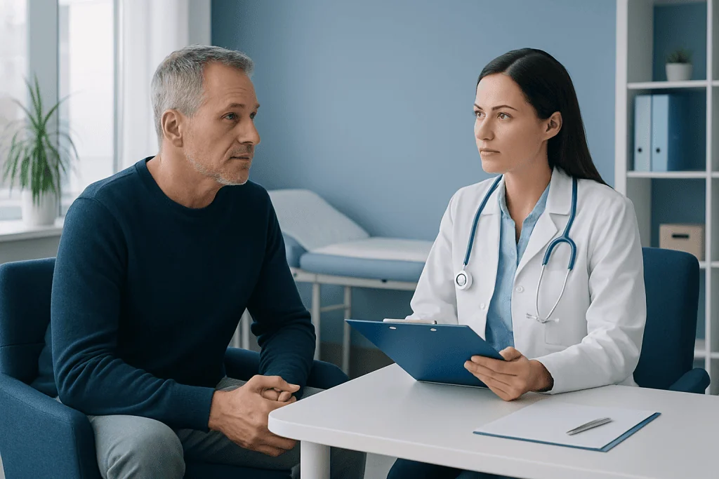 Doctor consulting with middle-aged male patient in a medical office.