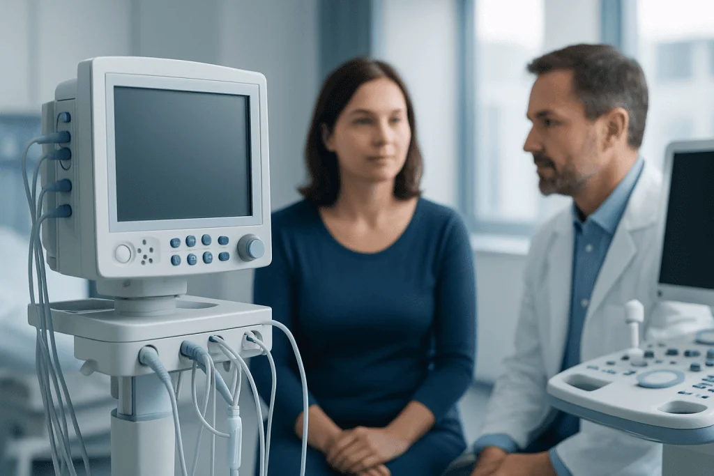 Doctor and patient in a medical consultation room with ultrasound equipment.