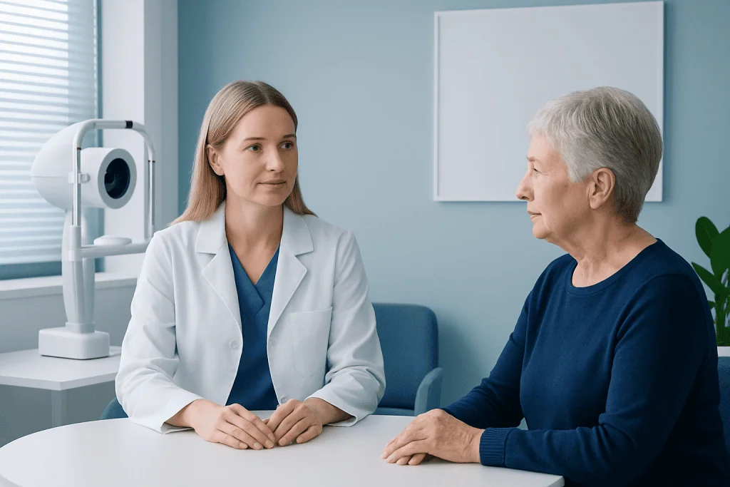 Doctor consulting with elderly patient in a modern clinic setting.