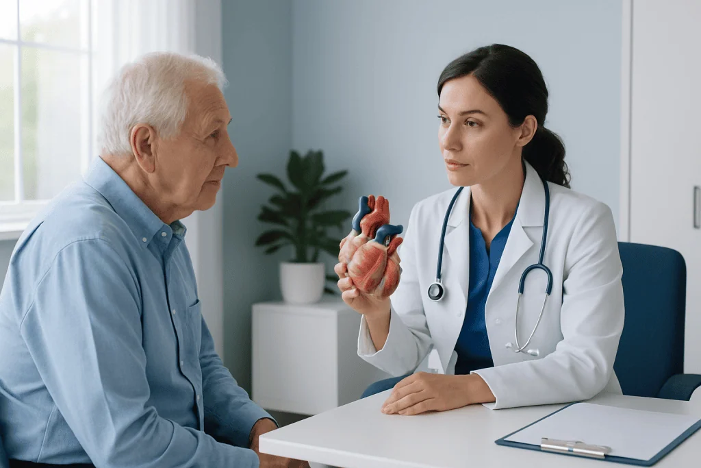 Doctor explaining heart model to elderly patient in consultation room.