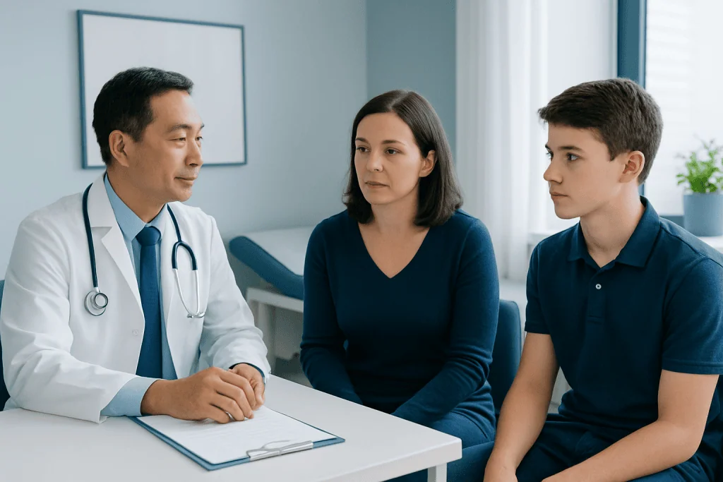 Doctor consulting with a woman and a young man in a medical office.