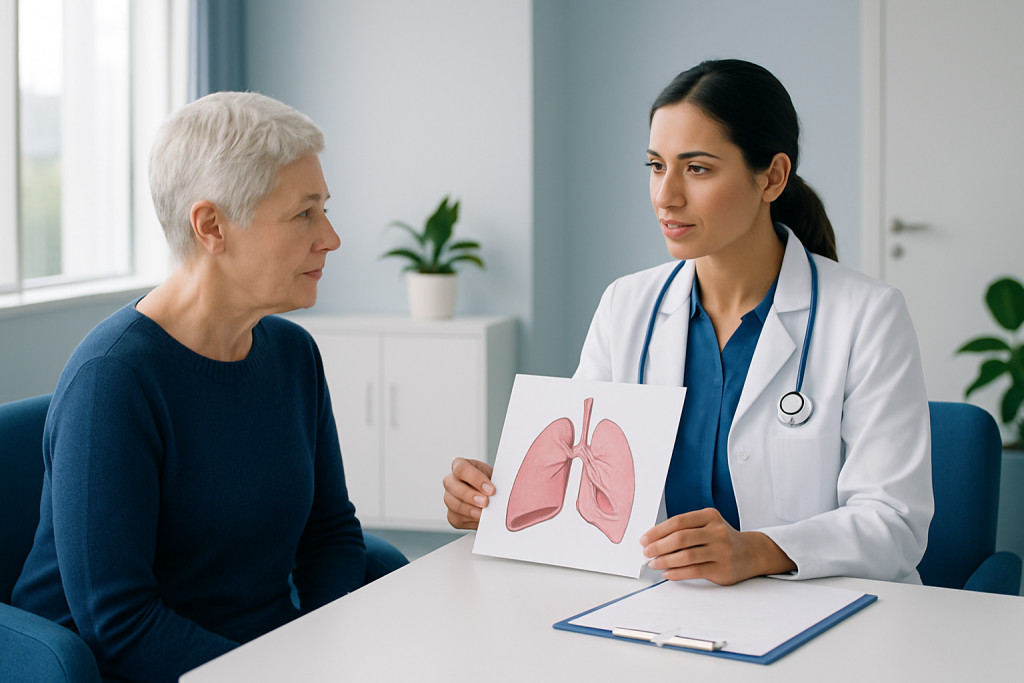 Doctor explaining lung anatomy to an elderly patient in a medical consultation.