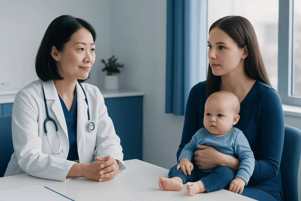 Doctor consulting with mother and baby in a medical office.