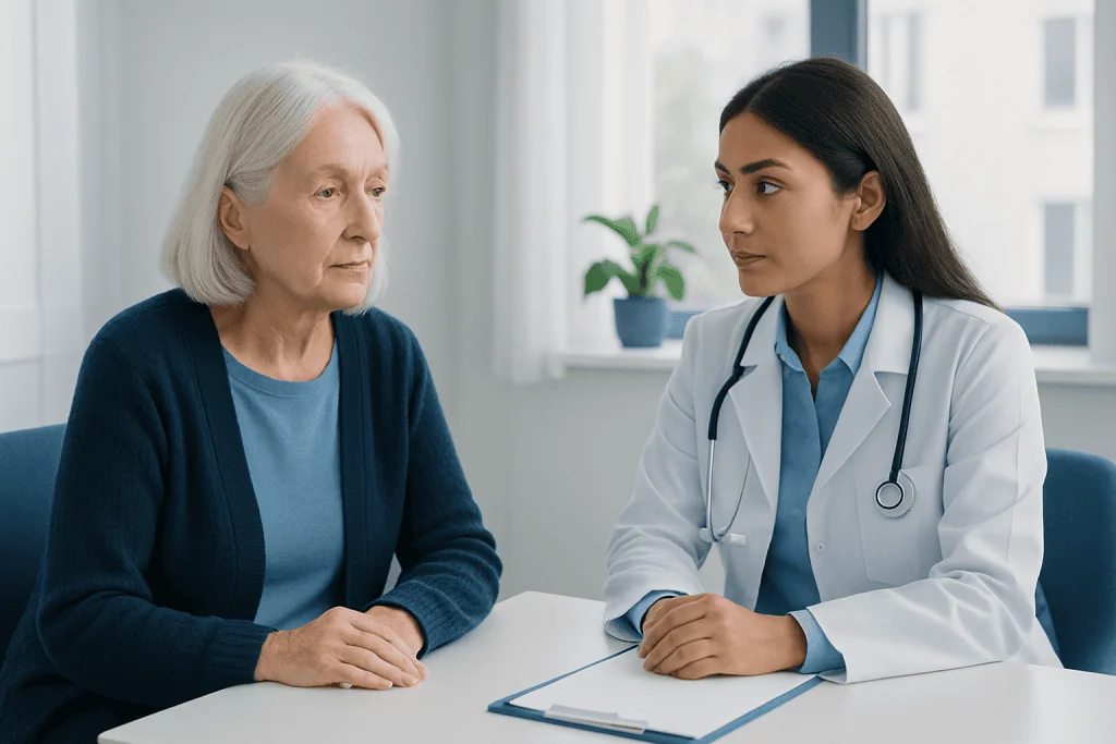 Doctor consulting with elderly patient in a medical office.