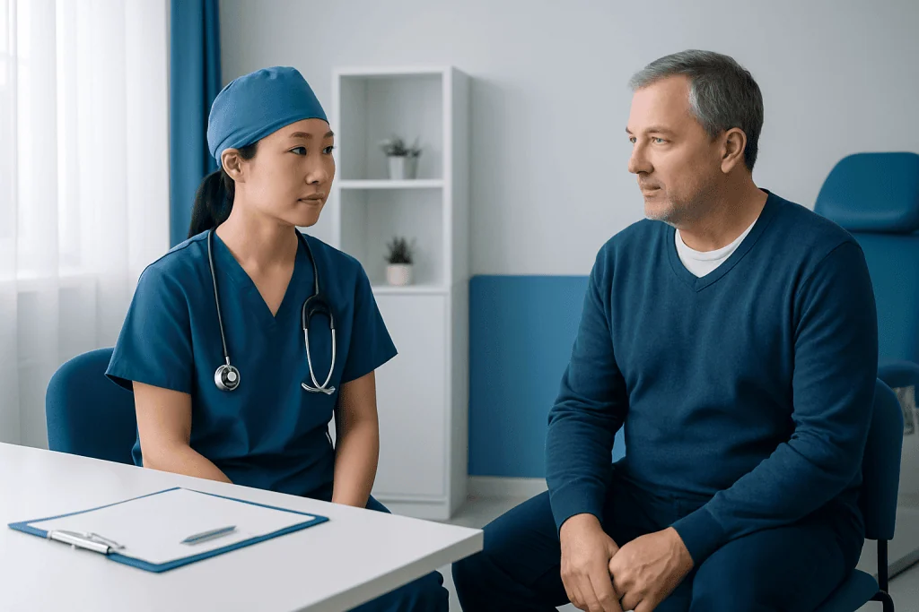 Doctor and patient having consultation in a medical office.