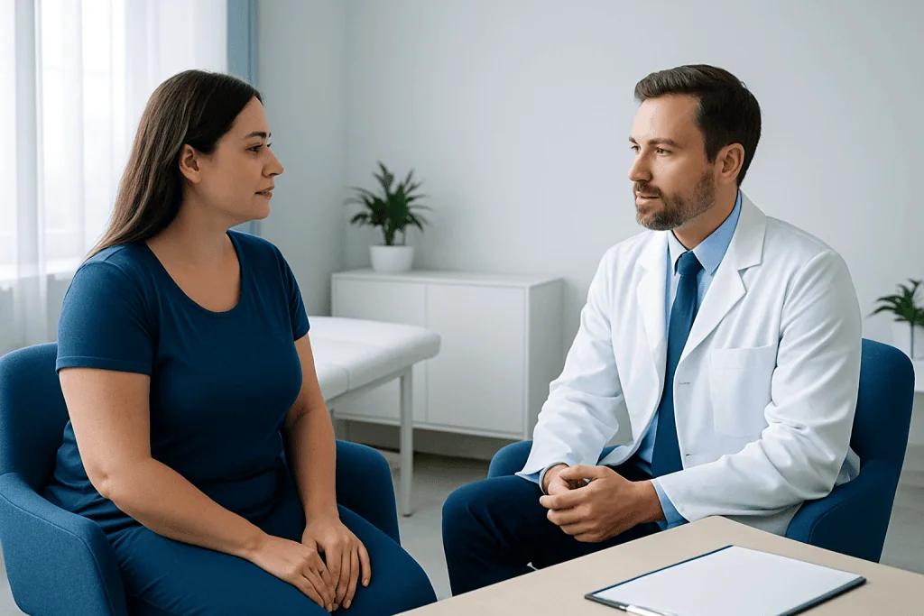 Doctor consulting with a female patient in a modern clinic setting.