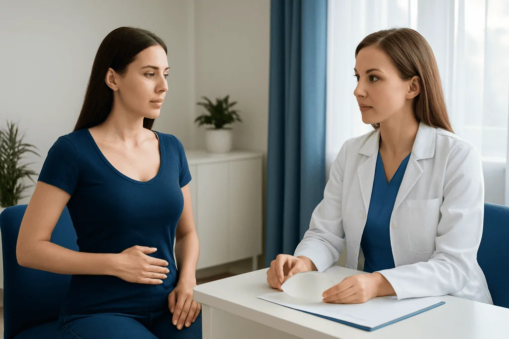 Patient consulting with doctor about breast augmentation options in clinic.