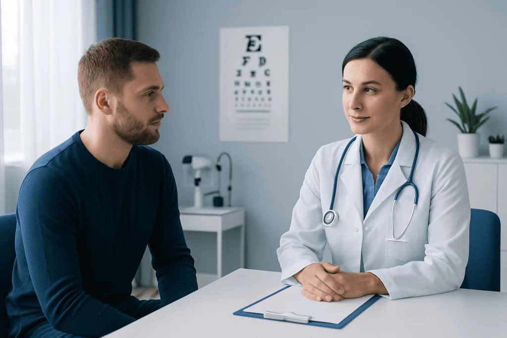 Doctor consulting with patient about eye health in a clinical setting.