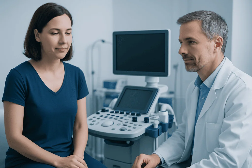 Doctor consulting a patient in a medical examination room at Acibadem Hospital.