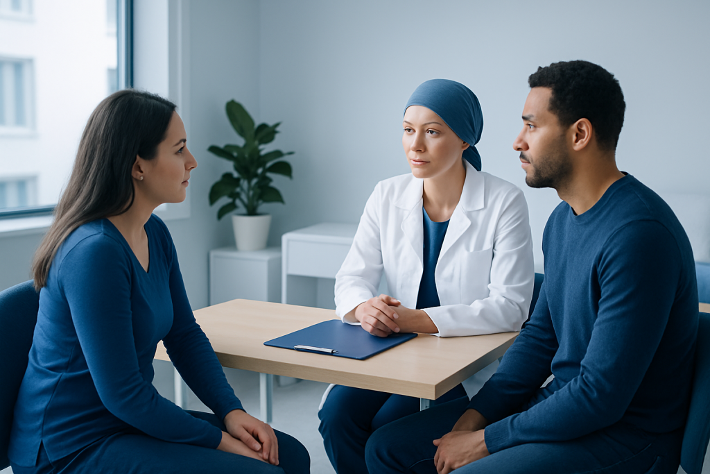 Doctor discussing fertility options with cancer survivor patient.