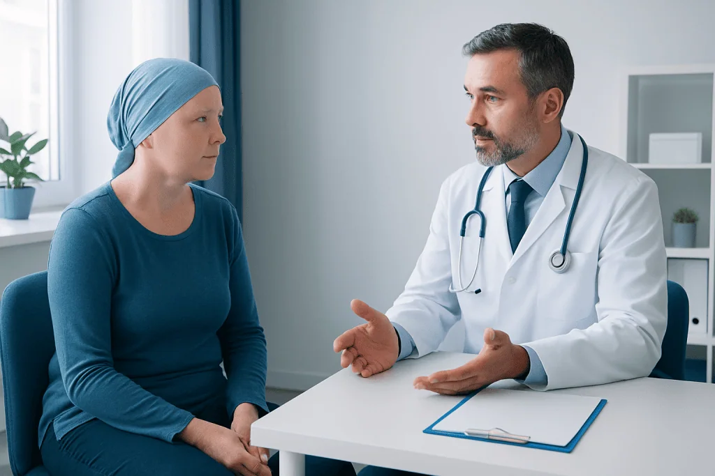 Doctor consulting with a female patient in a medical office.